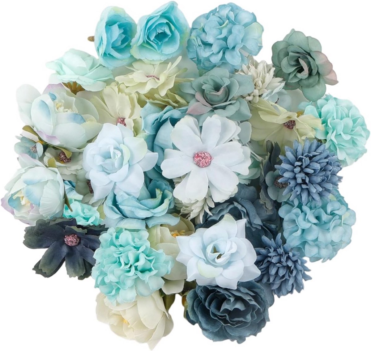 40 Stuks Mini Zijden Bloemenhoofden Blauw en Groen voor Knutselprojecten en Decoratie