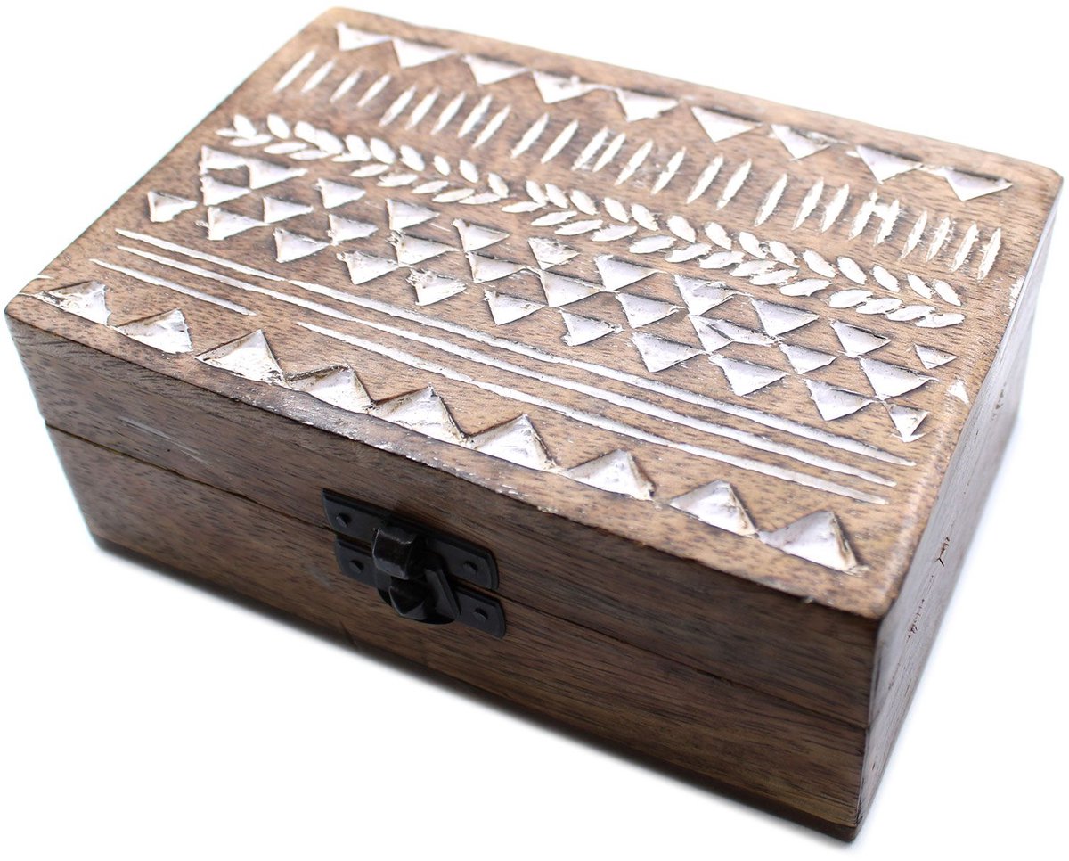 Ancient Wisdom - Decoratieve schaal - Witgewassen houten doos 15x10x6 cm - sieradenbox - cadeauverpakking - handgemaakt - mango hout - opbergdoos - decoratie - houten box