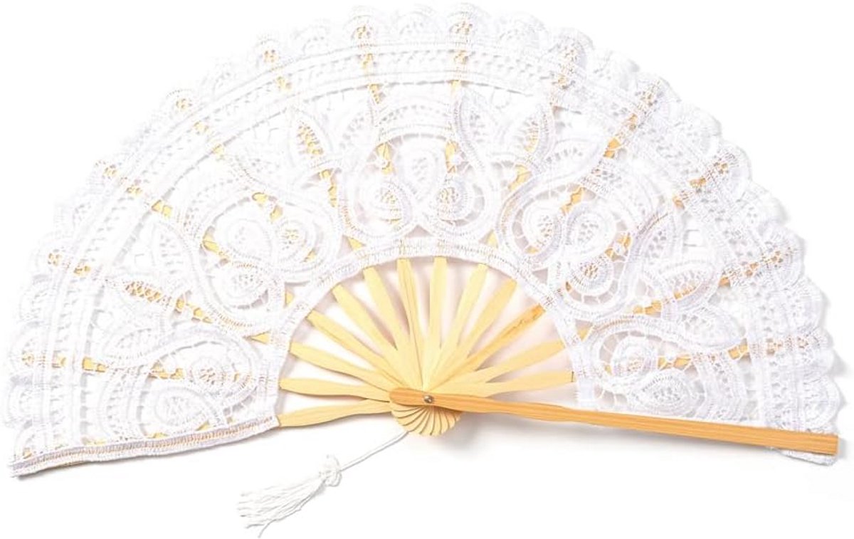 Elegante Witte Kanten Waaier met Bloemenprint - Handgemaakt & Opvouwbaar