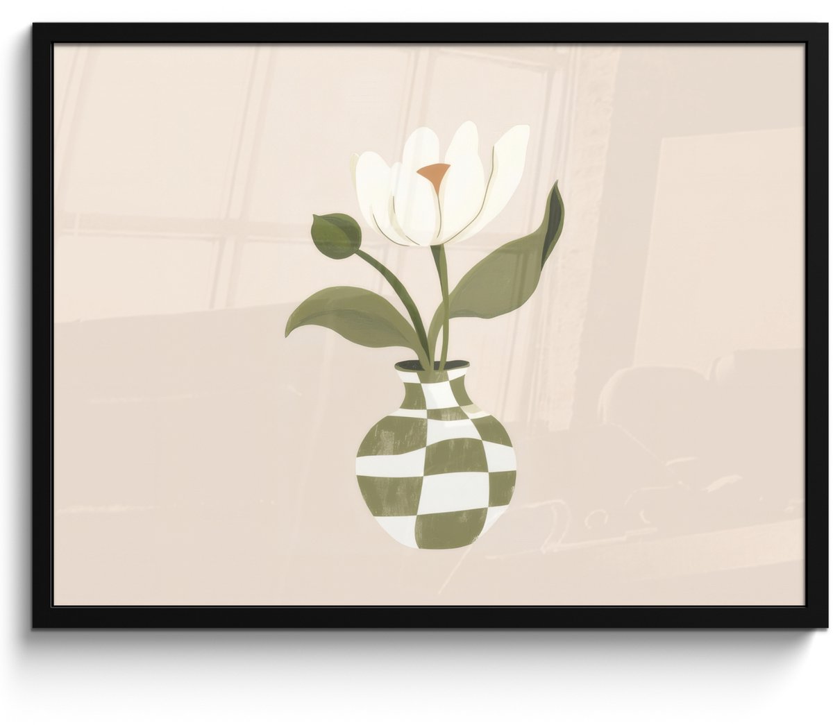 FrameYourWall Poster in lijst - Fotolijst 70x50 cm - Posters - Vaas - Geruit - Bloem - Groen - Posterlijst zwart - Decoratie - Wanddecoratie woonkamer - Muurdecoratie slaapkamer Vaas - Bloem