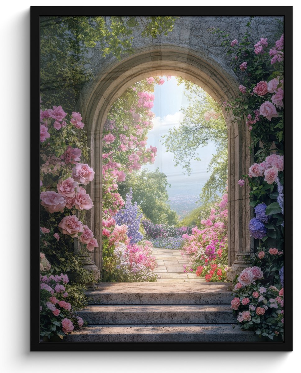 FrameYourWall Poster in lijst - Fotolijst 50x70 cm - Posters - Doorkijk - Rozen - Vintage - Bloemen - Posterlijst zwart - Decoratie - Wanddecoratie woonkamer - Muurdecoratie slaapkamer Doorkijk - Vintage
