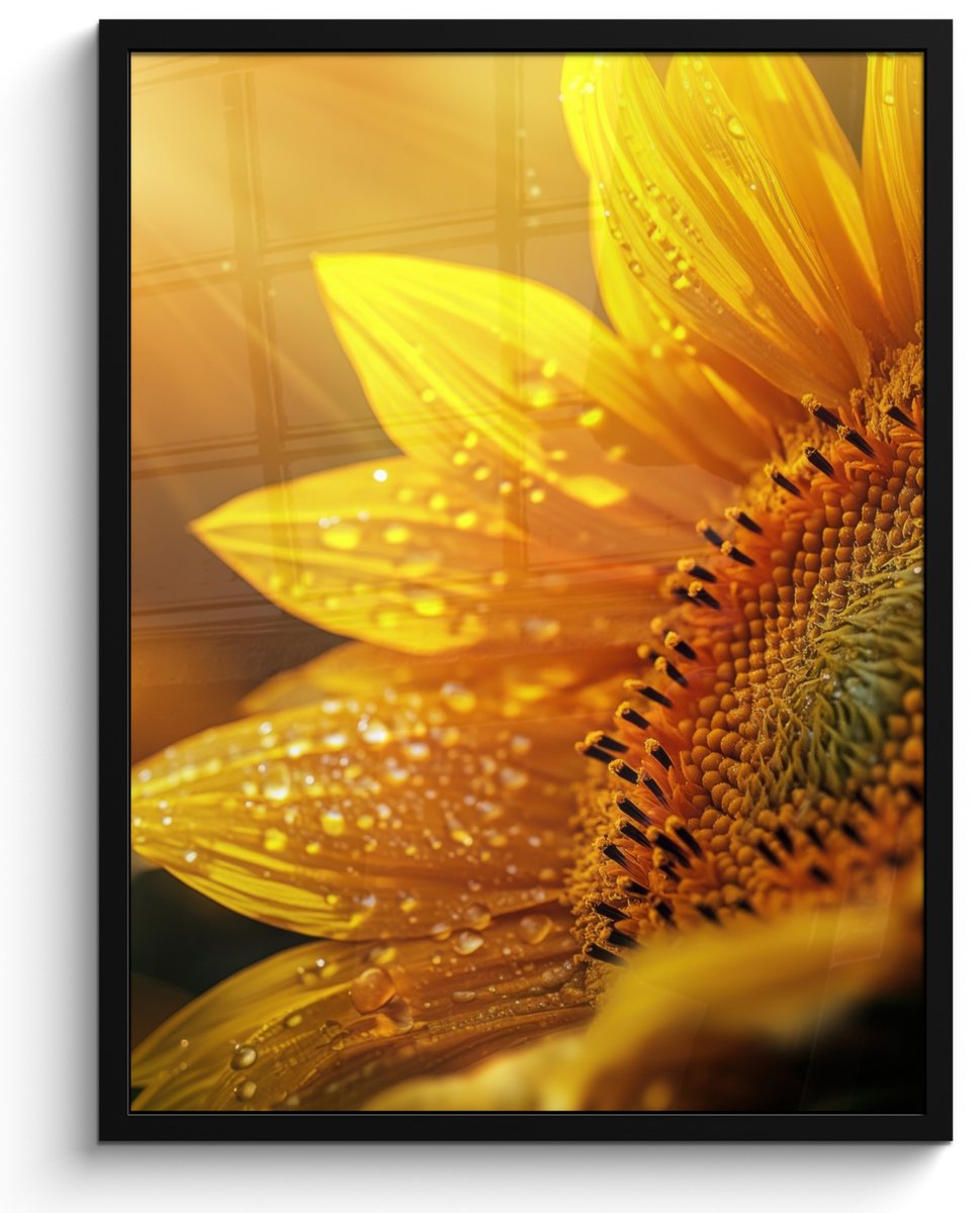 FrameYourWall Poster in lijst - Fotolijst 50x70 cm - Posters - Zonnebloem - Dauwdruppels - Geel - Zonlicht - Posterlijst zwart - Decoratie - Wanddecoratie woonkamer - Muurdecoratie slaapkamer