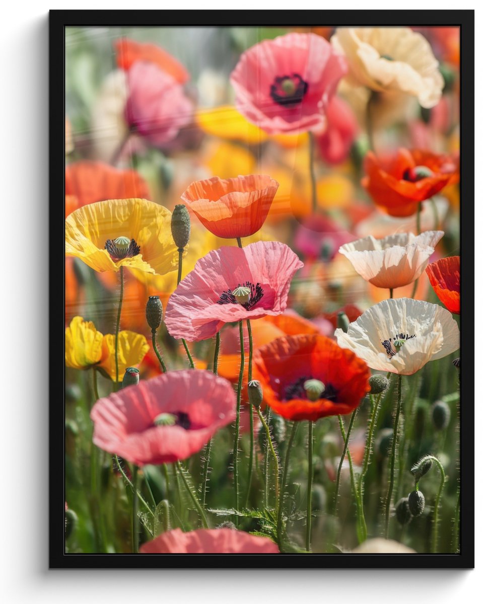 FrameYourWall Poster in lijst - Fotolijst 50x70 cm - Posters - Bloemenveld - Klaprozen - Kleurrijk - Posterlijst zwart - Decoratie - Wanddecoratie woonkamer - Muurdecoratie slaapkamer