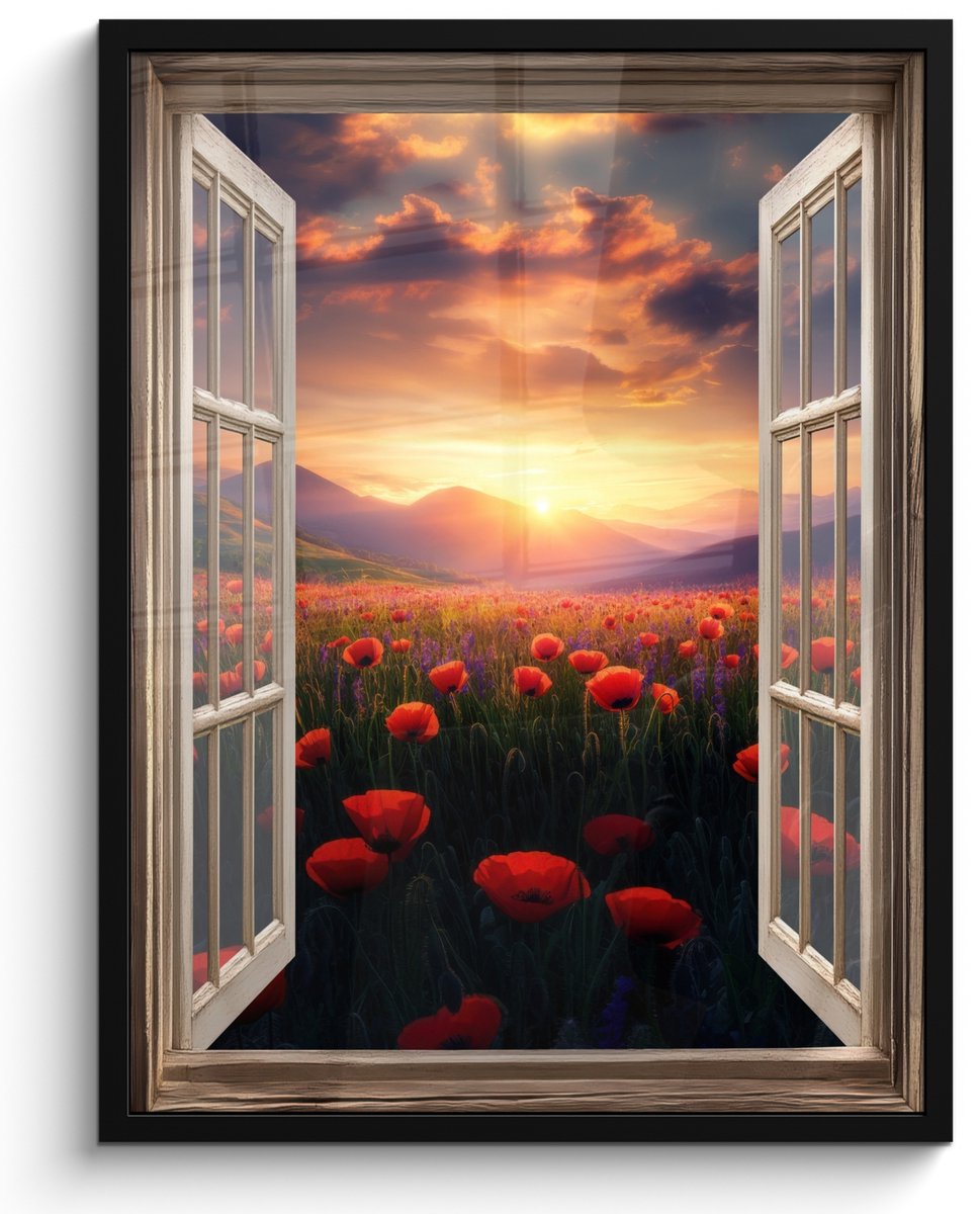 FrameYourWall Poster in lijst - Fotolijst 50x70 cm - Posters - Doorkijk - Klaprozen - Bloemen - Rood - Open raam - Posterlijst zwart - Decoratie - Wanddecoratie woonkamer - Muurdecoratie slaapkamer