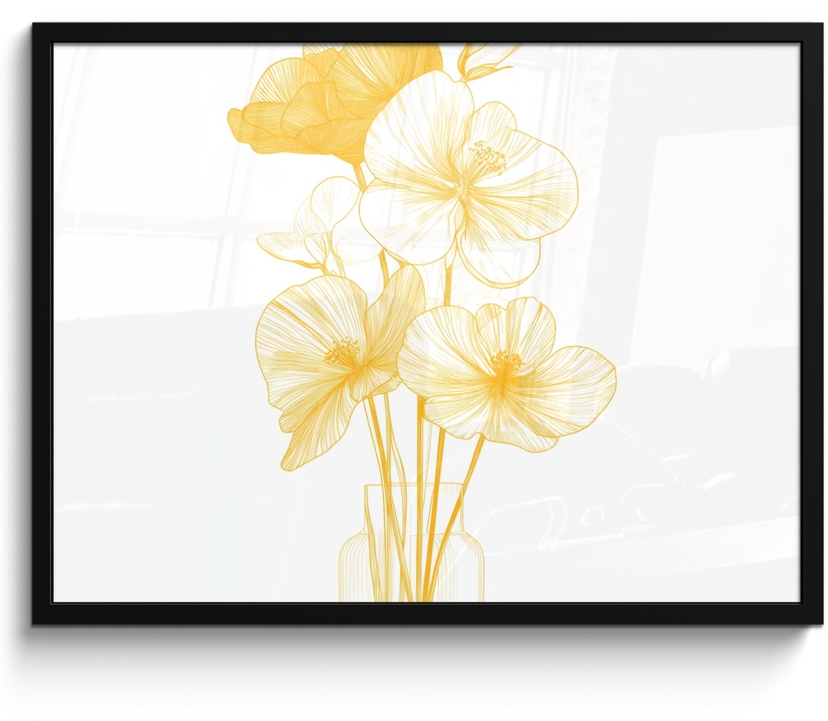 FrameYourWall Poster in lijst - Fotolijst 70x50 cm - Posters - Lijntekening - Bloemen - Geel - Vaas - Posterlijst zwart - Decoratie - Wanddecoratie woonkamer - Muurdecoratie slaapkamer