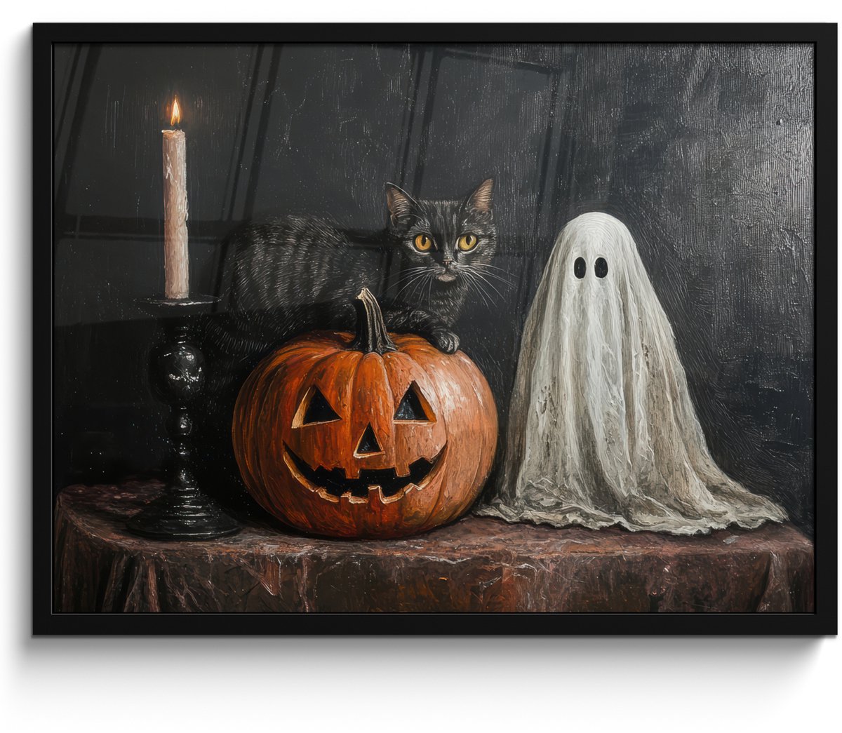 FrameYourWall Poster in lijst - Fotolijst 70x50 cm - Posters - Halloween - Pompoen - Spook - Zwarte kat - Stilleven - Posterlijst zwart - Decoratie - Wanddecoratie woonkamer - Muurdecoratie slaapkamer Halloween - Spookje en pompoen
