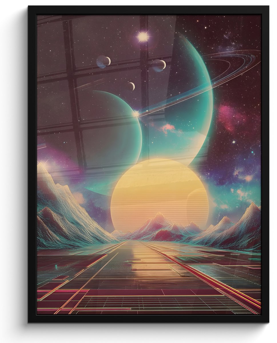 FrameYourWall Poster in lijst - Fotolijst 50x70 cm - Posters - Planeten - Neon - Berglandschap - Zon - Posterlijst zwart - Decoratie - Wanddecoratie woonkamer - Muurdecoratie slaapkamer