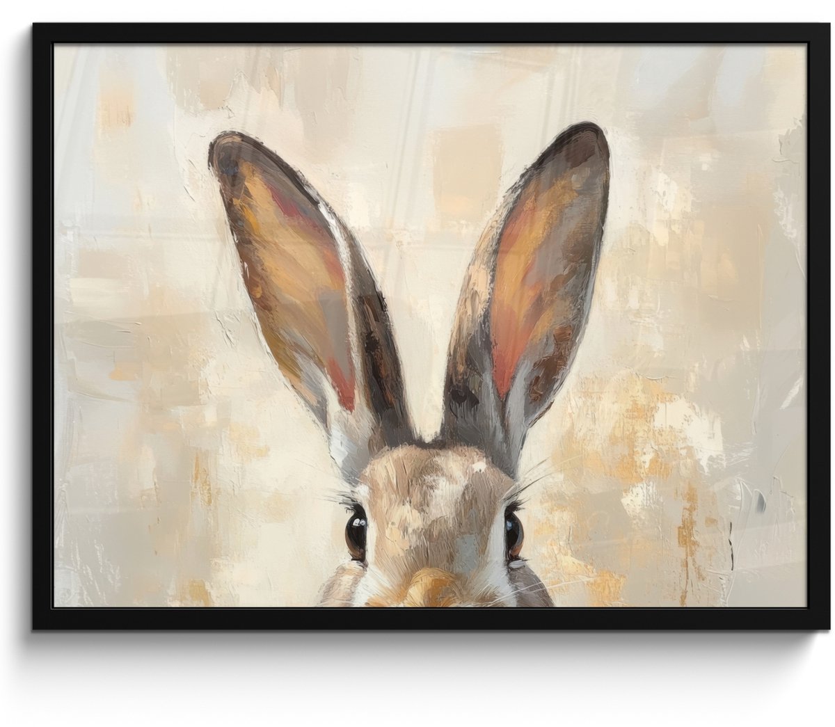 FrameYourWall Poster in lijst - Fotolijst 70x50 cm - Posters - Haas - Oren - Bruin - Posterlijst zwart - Decoratie - Wanddecoratie woonkamer - Muurdecoratie slaapkamer Paashaas oren