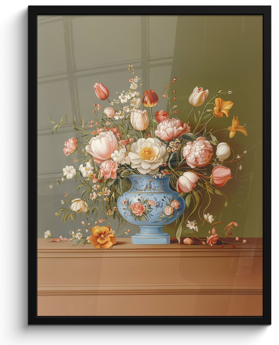 FrameYourWall Poster in lijst - Fotolijst 50x70 cm - Posters - Neutral - Bloemen - Boeket - Vaas - Posterlijst zwart - Decoratie - Wanddecoratie woonkamer - Muurdecoratie slaapkamer Bloemen - Vintage