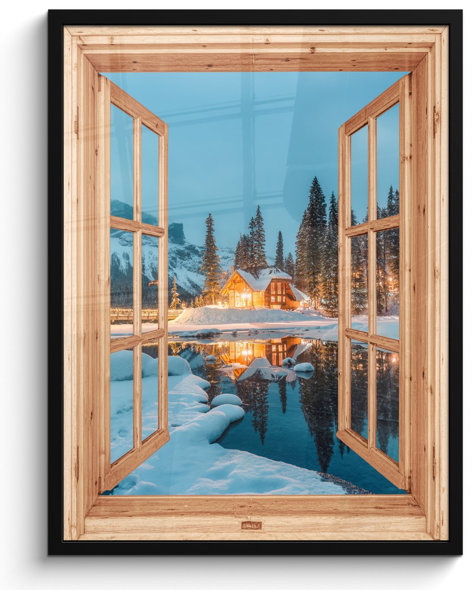 FrameYourWall Poster in lijst - Fotolijst 50x70 cm - Posters - Winterlandschap - Natuur - Huis - Bergen - Doorkijk - Raam - Posterlijst zwart - Decoratie - Wanddecoratie woonkamer - Muurdecoratie slaapkamer Bergmeer