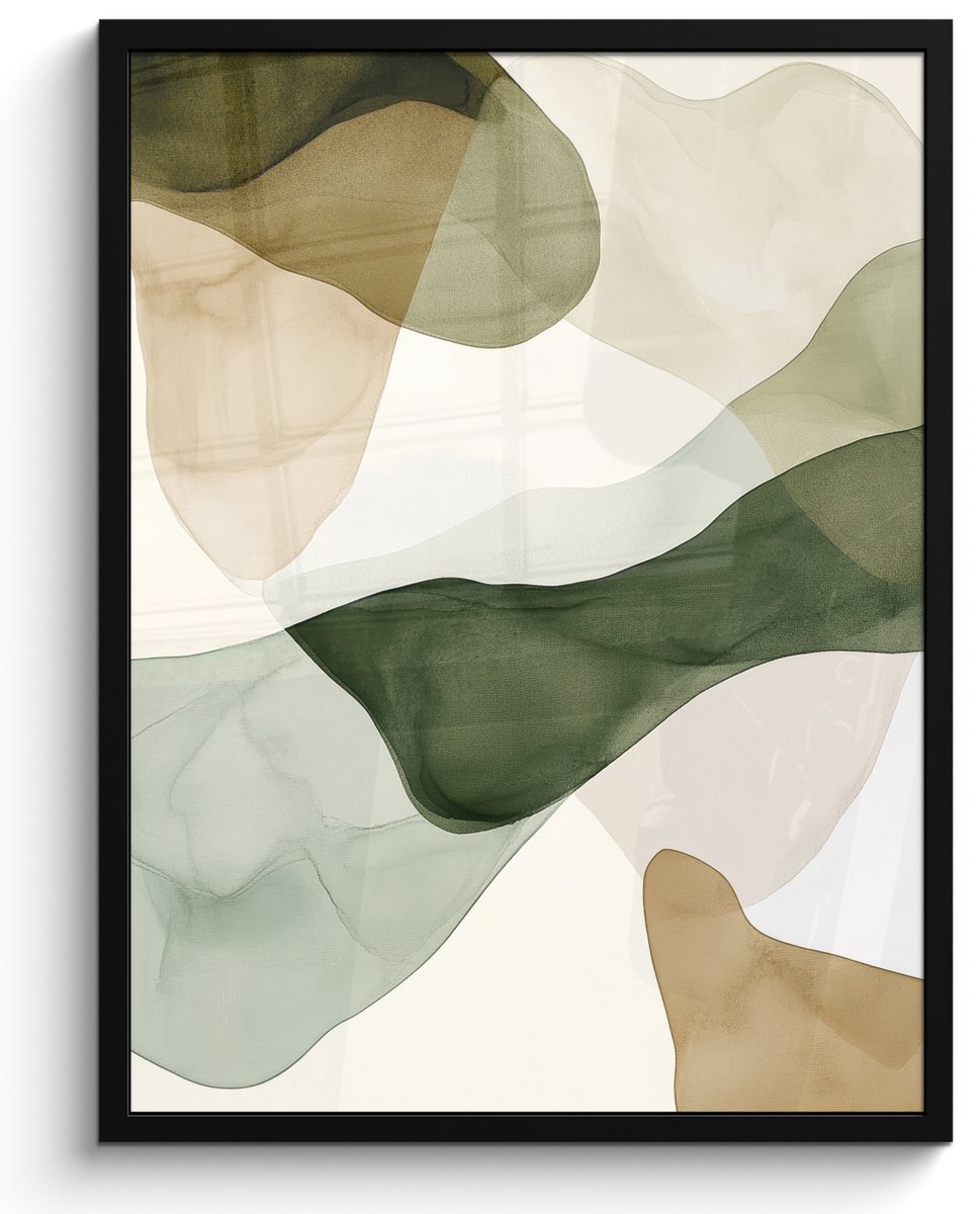 FrameYourWall Poster in lijst - Fotolijst 50x70 cm - Posters - Japandi - Abstract - Groen - Posterlijst zwart - Decoratie - Wanddecoratie woonkamer - Muurdecoratie slaapkamer