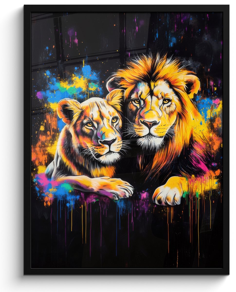 FrameYourWall Poster in lijst - Fotolijst 50x70 cm - Posters - Leeuwen - Schilderij - Kleuren - Posterlijst zwart - Decoratie - Wanddecoratie woonkamer - Muurdecoratie slaapkamer