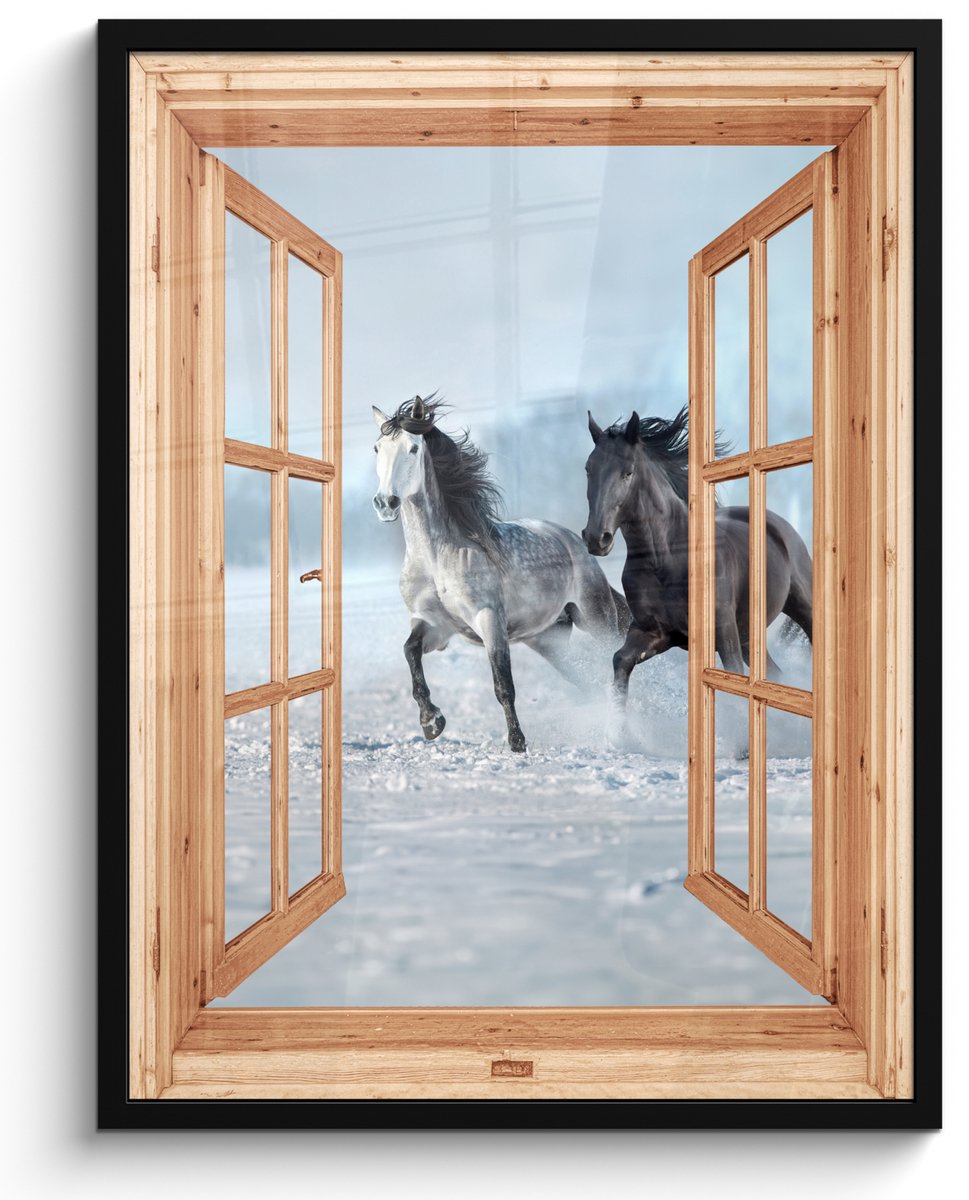 FrameYourWall Poster in lijst - Fotolijst 50x70 cm - Posters - Doorkijk - Paarden - Winter - Dieren - Natuur - Hout - Posterlijst zwart - Decoratie - Wanddecoratie woonkamer - Muurdecoratie slaapkamer
