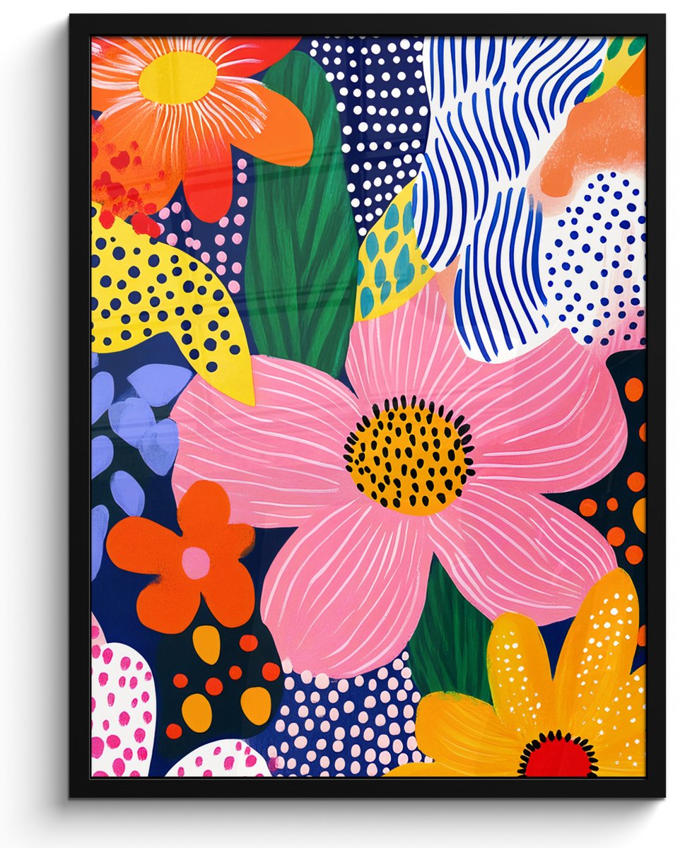 FrameYourWall Poster in lijst - Fotolijst 50x70 cm - Posters - Kleurrijk - Bloemen - Abstract - Stippen - Posterlijst zwart - Decoratie - Wanddecoratie woonkamer - Muurdecoratie slaapkamer Schilderij - Abstract - Bloemen