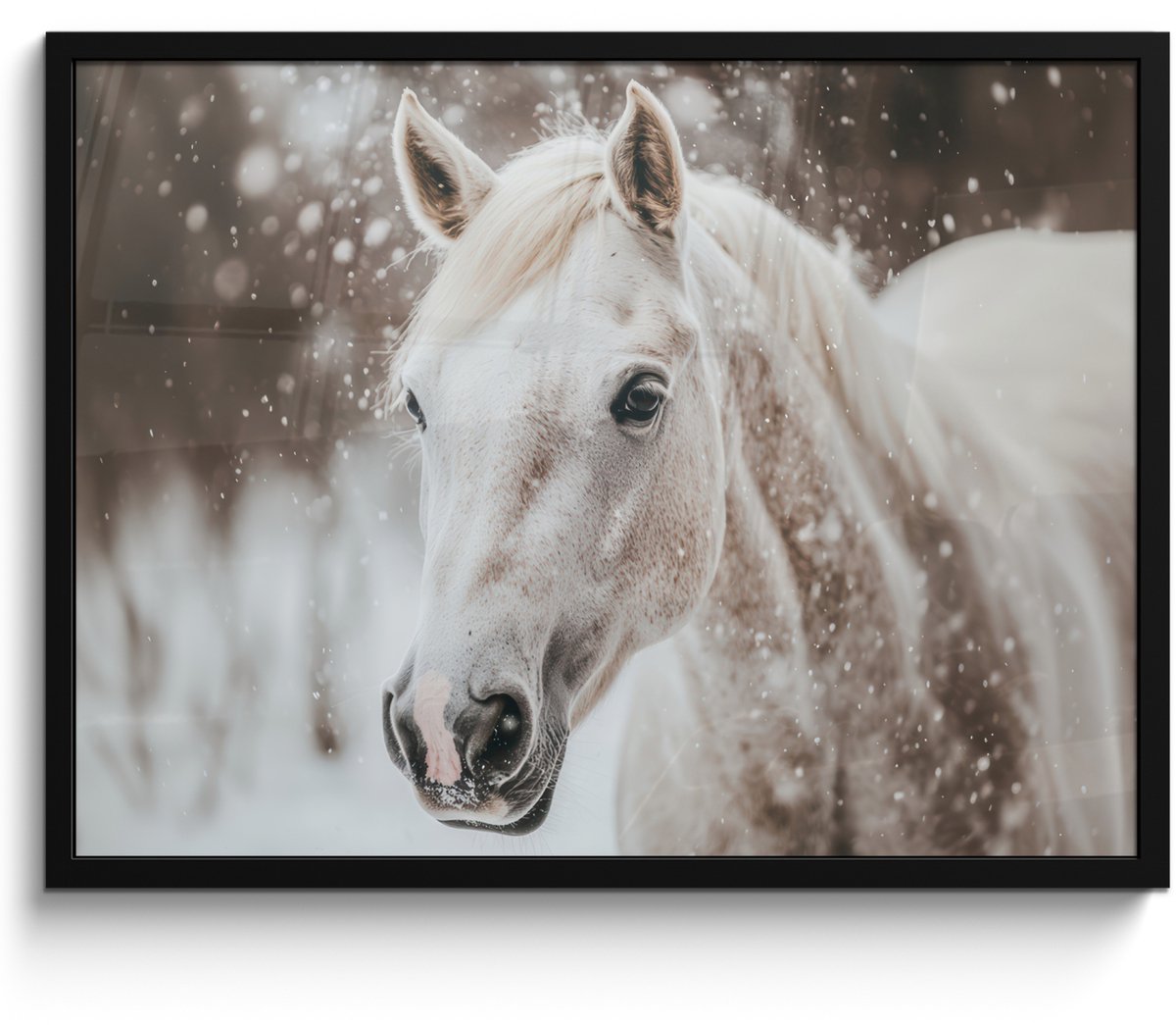 FrameYourWall Poster in lijst - Fotolijst 70x50 cm - Posters - Paard - Wit - Winter - Natuur - Sneeuw - Dieren - Posterlijst zwart - Decoratie - Wanddecoratie woonkamer - Muurdecoratie slaapkamer