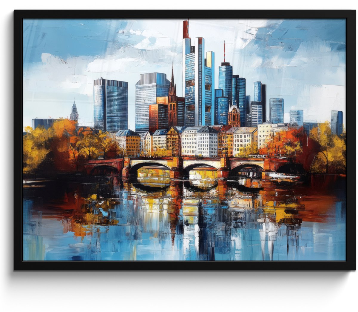 FrameYourWall Poster in lijst - Fotolijst 70x50 cm - Posters - Bomen Frankfurt- Stad - Skyline - Brug - Posterlijst zwart - Decoratie - Wanddecoratie woonkamer - Muurdecoratie slaapkamer Bomen - Stad