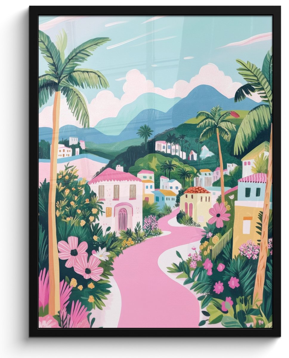 FrameYourWall Poster in lijst - Fotolijst 50x70 cm - Posters - Kleurrijk - Huizen - Heuvels - Roze - Posterlijst zwart - Decoratie - Wanddecoratie woonkamer - Muurdecoratie slaapkamer