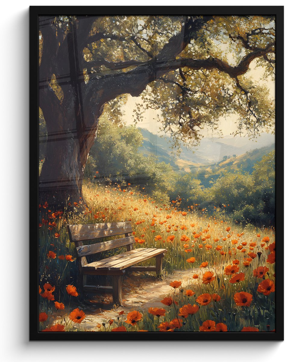 FrameYourWall Poster in lijst - Fotolijst 50x70 cm - Posters - Bankje - Boom - Klaprozen - Heuvels - Posterlijst zwart - Decoratie - Wanddecoratie woonkamer - Muurdecoratie slaapkamer