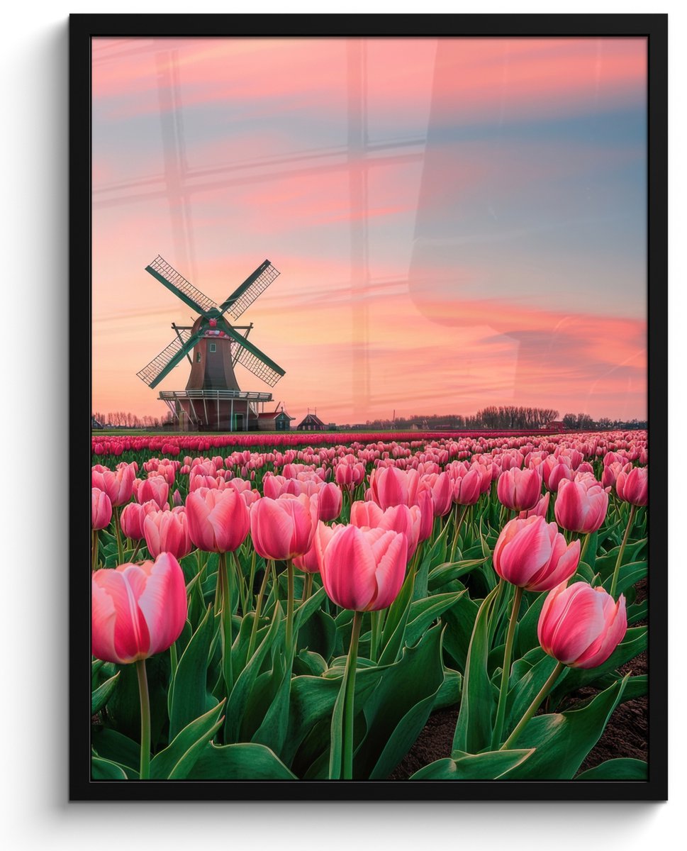 FrameYourWall Poster in lijst - Fotolijst 50x70 cm - Posters - Tulpen - Molen - Nederland - Posterlijst zwart - Decoratie - Wanddecoratie woonkamer - Muurdecoratie slaapkamer Tulpen - Bloemen