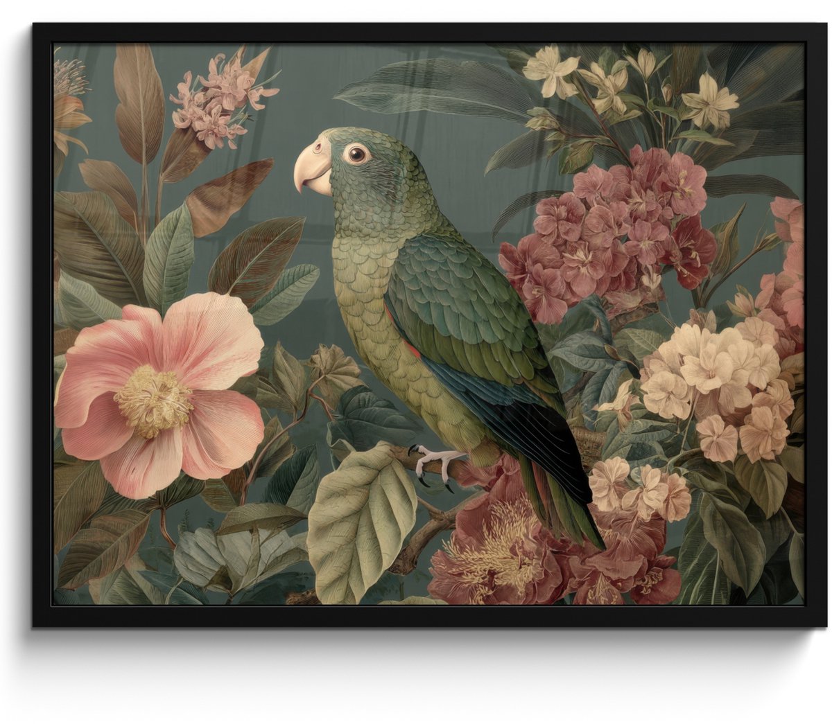 FrameYourWall Poster in lijst - Fotolijst 70x50 cm - Posters - Groene papegaai - Kleurrijke bloemen - Donkere achtergrond - Posterlijst zwart - Decoratie - Wanddecoratie woonkamer - Muurdecoratie slaapkamer Papegaai - Bloemen