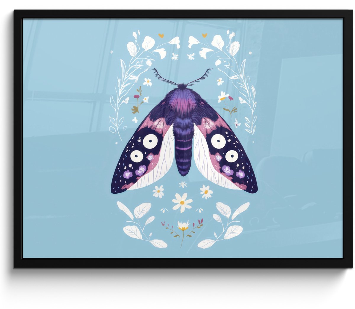 FrameYourWall Poster in lijst - Fotolijst 70x50 cm - Posters - Bladeren - Wit - Vlinder - Insect - Posterlijst zwart - Decoratie - Wanddecoratie woonkamer - Muurdecoratie slaapkamer Vlinder - Bladeren