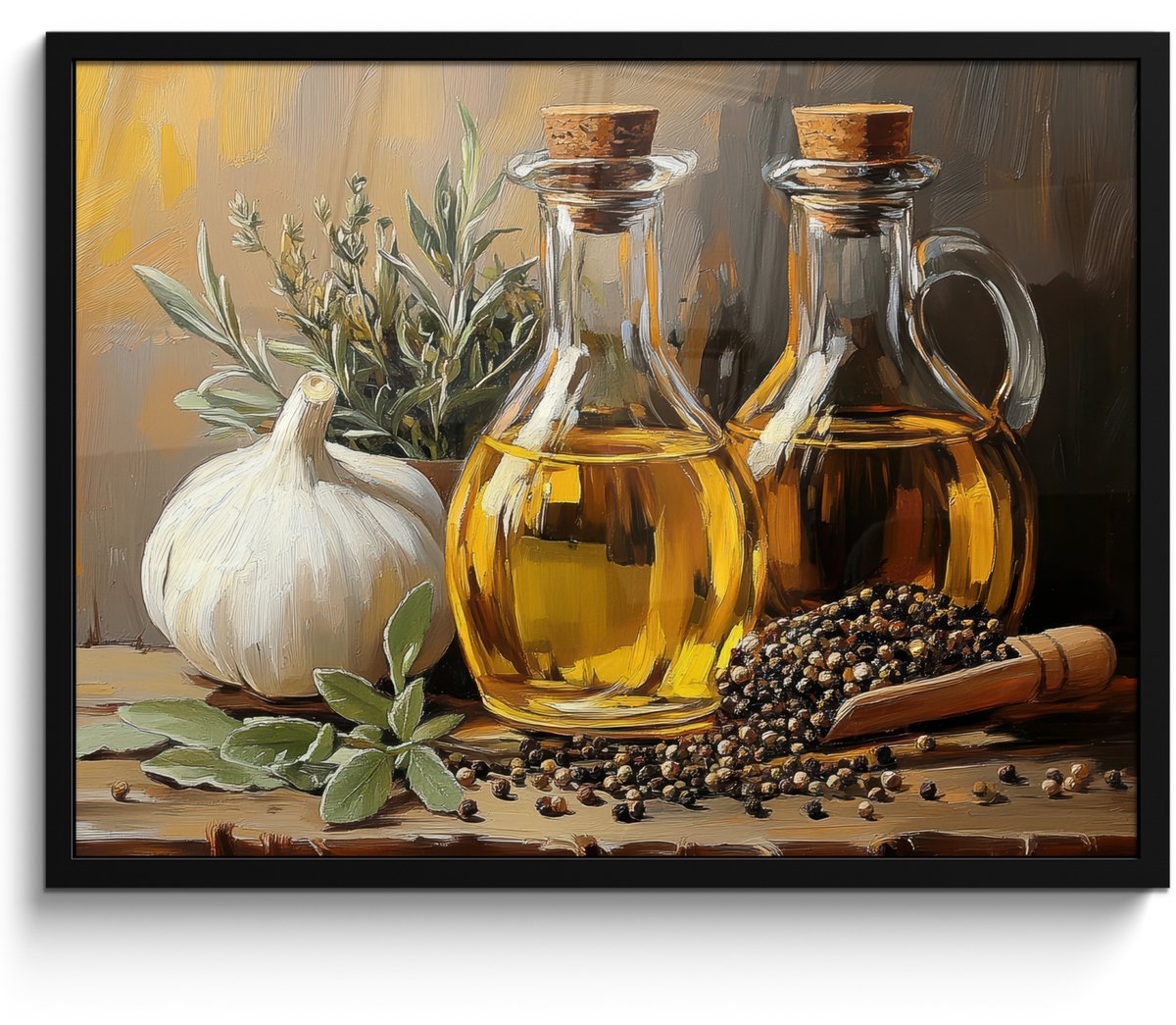 FrameYourWall Poster in lijst - Fotolijst 70x50 cm - Posters - Stilleven - Olijfolie - Knoflook - Kruiden - Posterlijst zwart - Decoratie - Wanddecoratie woonkamer - Muurdecoratie slaapkamer