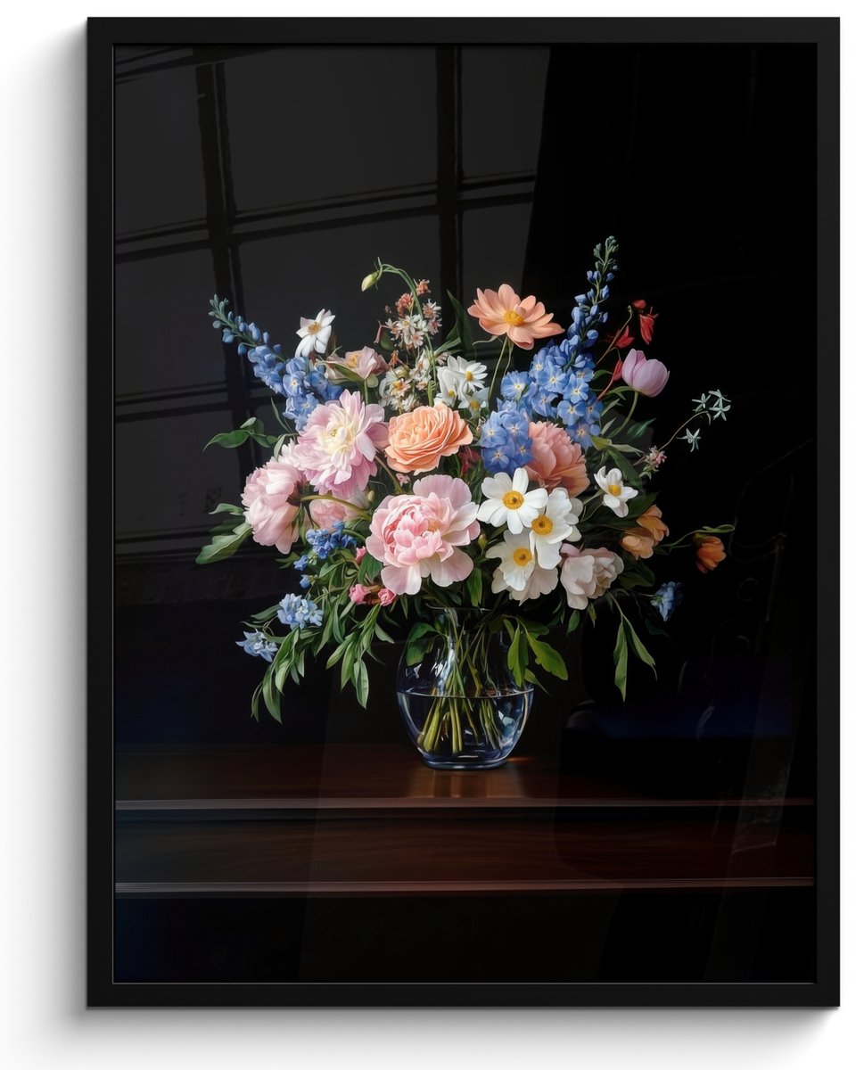 FrameYourWall Poster in lijst - Fotolijst 50x70 cm - Posters - Pastel - Bloemen - Glazen - Vaas - Posterlijst zwart - Decoratie - Wanddecoratie woonkamer - Muurdecoratie slaapkamer Bloemen - Pastel