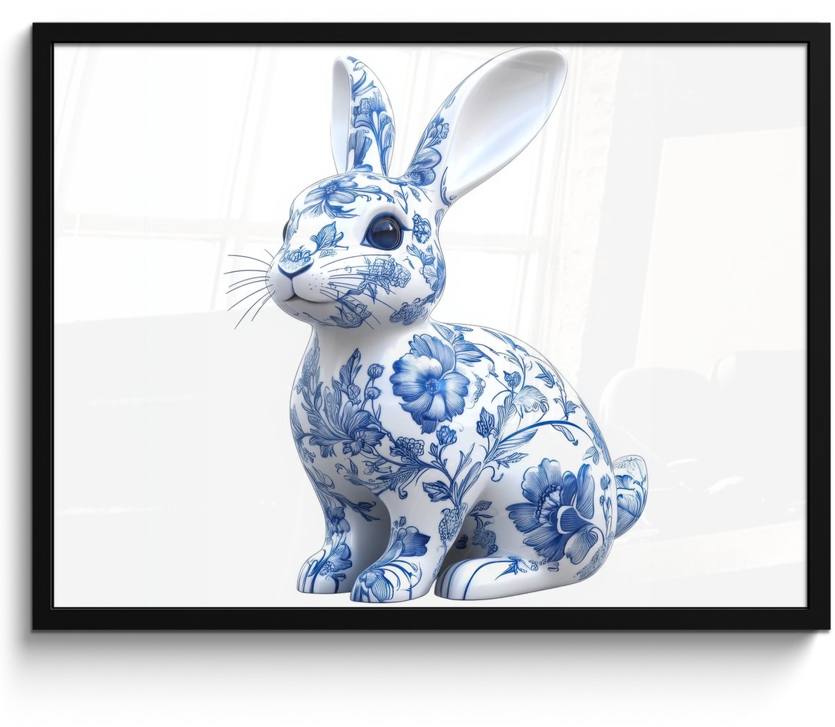 FrameYourWall Poster in lijst - Fotolijst 70x50 cm - Posters - Delftsblauw - Haasje - Wit - Posterlijst zwart - Decoratie - Wanddecoratie woonkamer - Muurdecoratie slaapkamer Paashaas - Delftsblauw