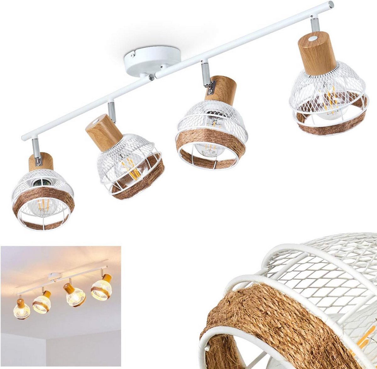 Plafondlamp 4 vlammen verstellbare spots wit/chroom/hout met stofafwerking - 80 cm lengte