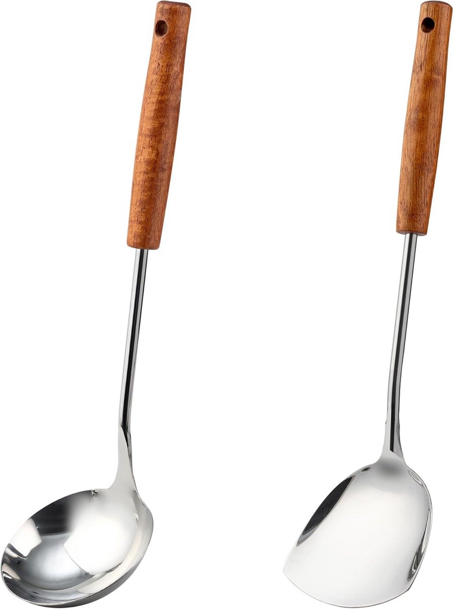 Wok spatel en lepel set - hittebestendig roestvrij staal - vaatwasmachinebestendig