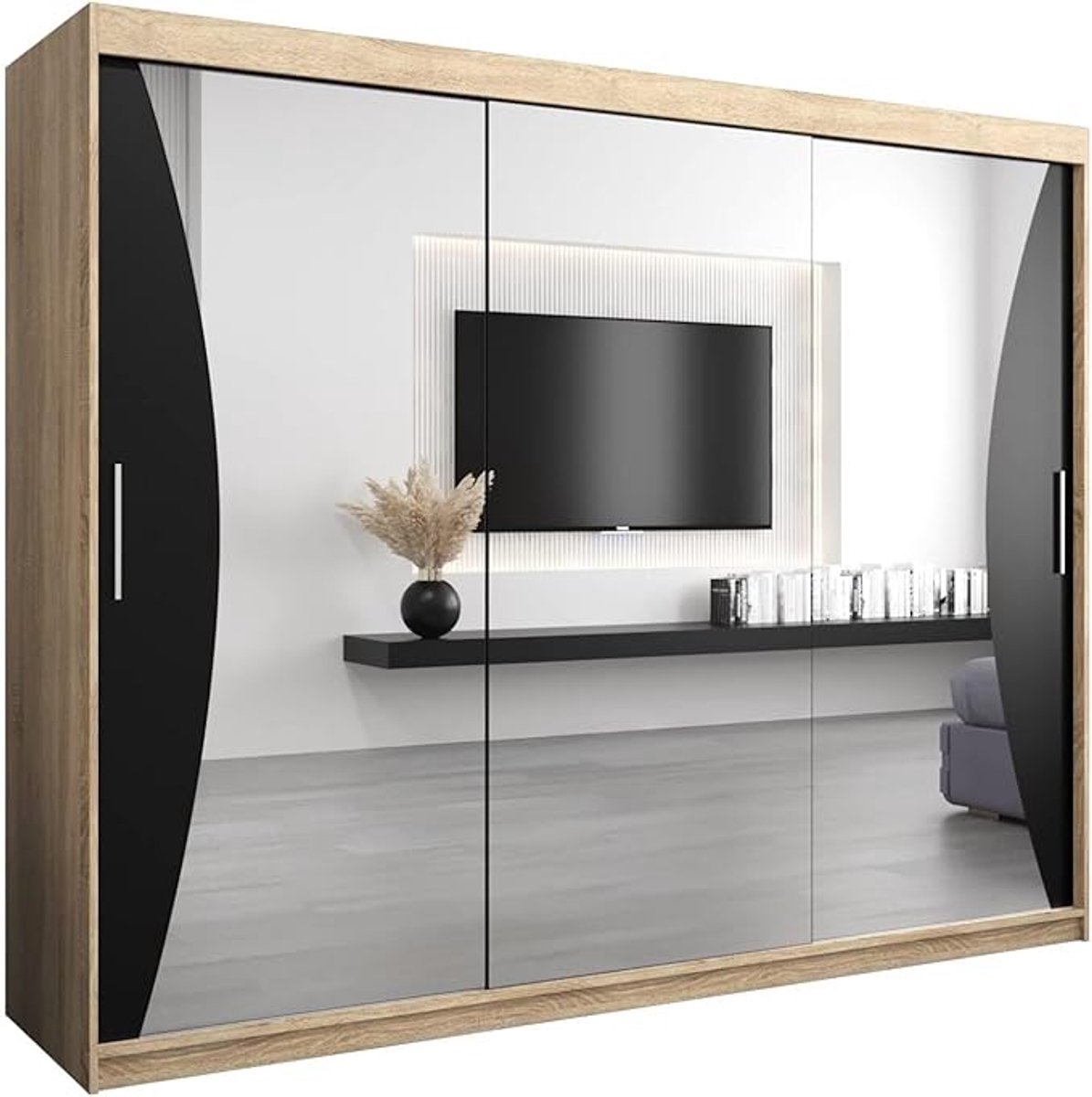 Kledingkast 250x200x62 cm met Spiegel en 3 Schuifdeuren – Sonoma Eiken/Zwart – Moderne Garderobekast met Planken en Kledingstangen – Monaco Luxe Serie – Abkantoor