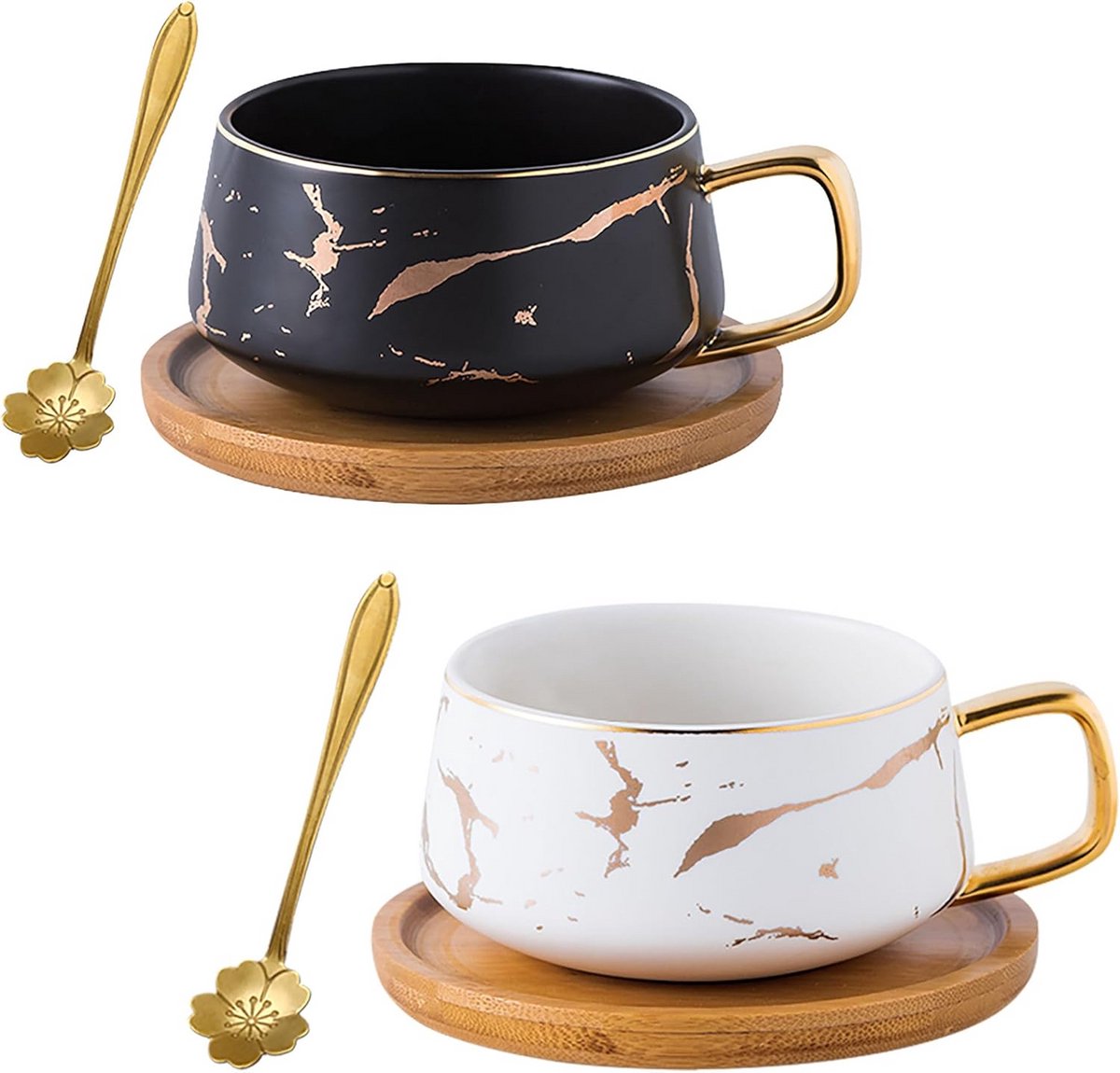 Set van 2 Theekopjes en Koffiekopjes met Bamboe Schotel en Lepel