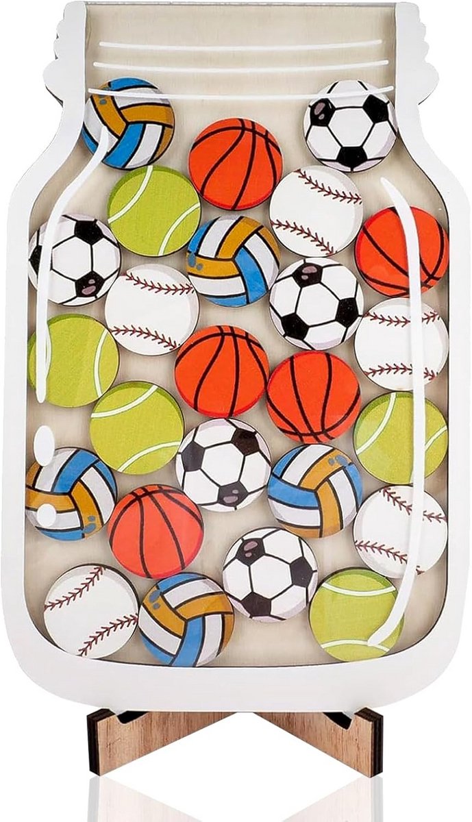 Houten Beloningsglas voor Kinderen met Sportthema - Voetbal, Basketbal, Tennis - Beloningssysteem voor Thuis en School