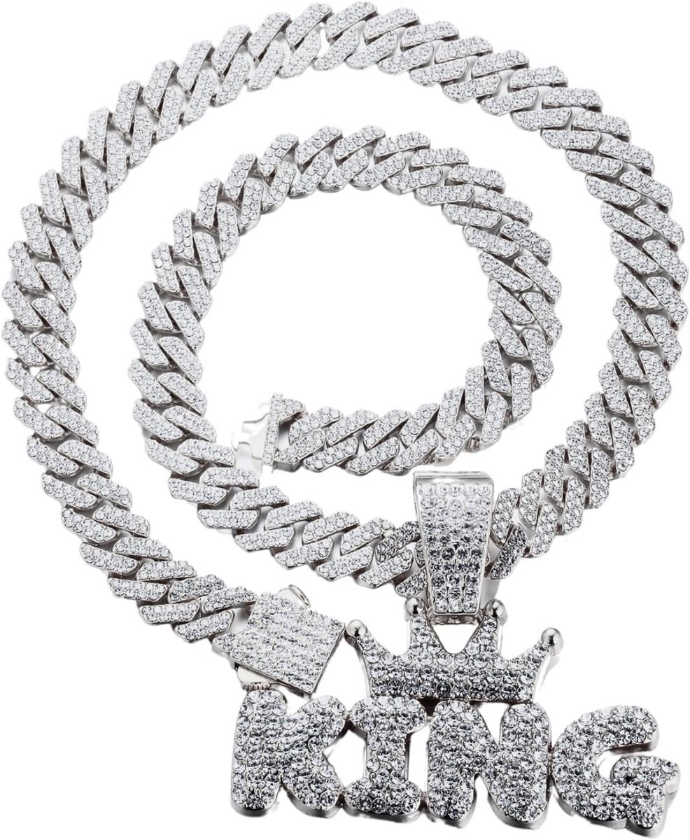 Cuban Link Ketting voor Mannen - 18K Goud of Platina Afwerking - 45-50 cm - Lab Diamant Hanger - Roestvrij Staal - Gratis Geschenkdoos