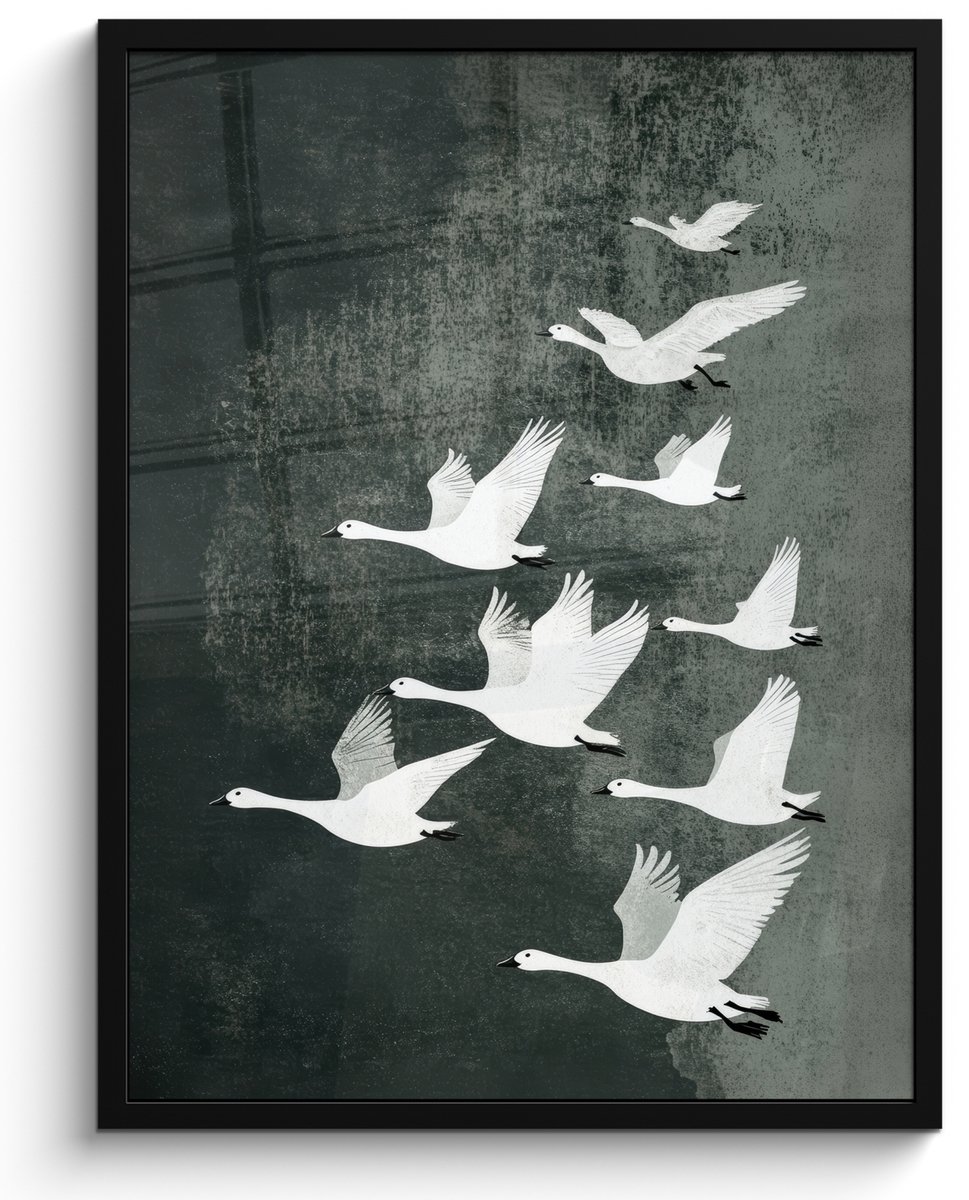 FrameYourWall Poster in lijst - Fotolijst 50x70 cm - Posters - Vogel - Japandi - Groen - Posterlijst zwart - Decoratie - Wanddecoratie woonkamer - Muurdecoratie slaapkamer Vogels