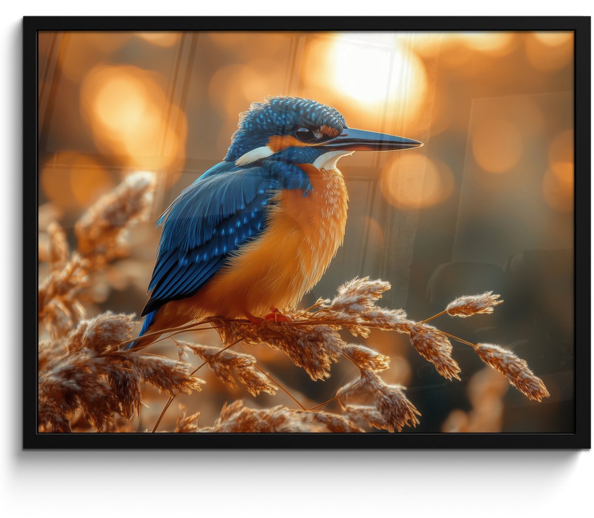 FrameYourWall Poster in lijst - Fotolijst 70x50 cm - Posters - IJsvogel - Herfst - Vogels - Zon - Natuur - Herfsttakken - Posterlijst zwart - Decoratie - Wanddecoratie woonkamer - Muurdecoratie slaapkamer