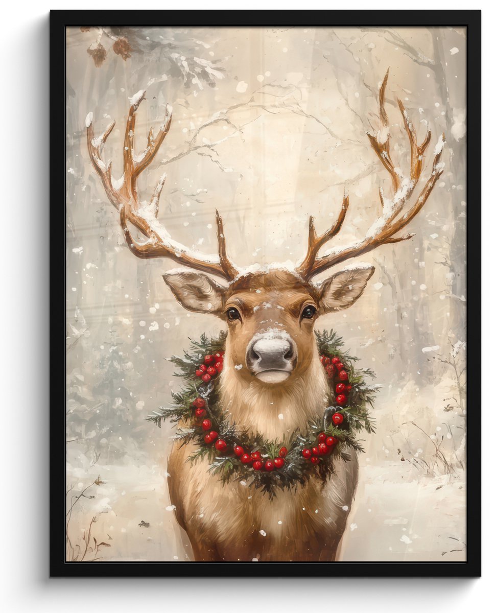 FrameYourWall Poster in lijst - Fotolijst 50x70 cm - Posters - Kerst - Rendier - Winter - Krans - Posterlijst zwart - Decoratie - Wanddecoratie woonkamer - Muurdecoratie slaapkamer - Kerstversiering - Kerstdecoratie voor binnen - Kerstmis Hert - Sneeuw