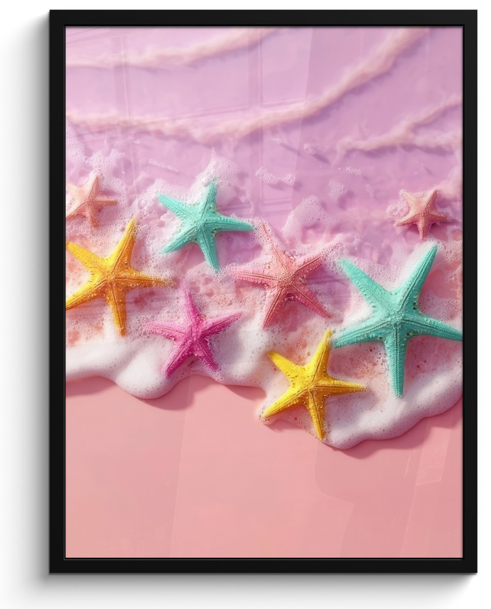 FrameYourWall Poster in lijst - Fotolijst 50x70 cm - Posters - Zeesterren - Strand - Golven - Posterlijst zwart - Decoratie - Wanddecoratie woonkamer - Muurdecoratie slaapkamer
