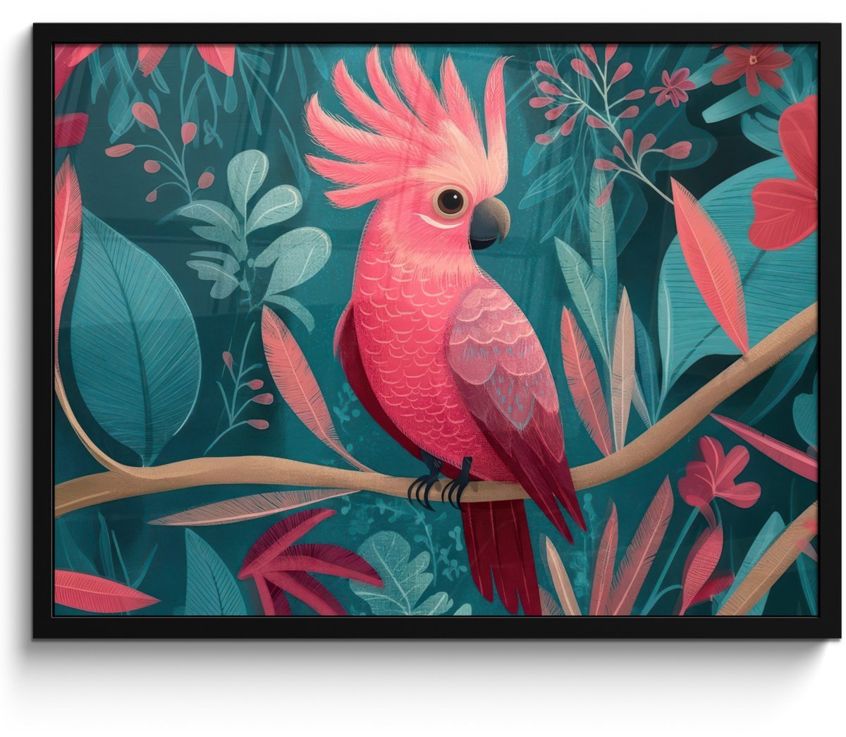 FrameYourWall Poster in lijst - Fotolijst 70x50 cm - Posters - Kaketoe - Tropische bladeren - Tak - Posterlijst zwart - Decoratie - Wanddecoratie woonkamer - Muurdecoratie slaapkamer
