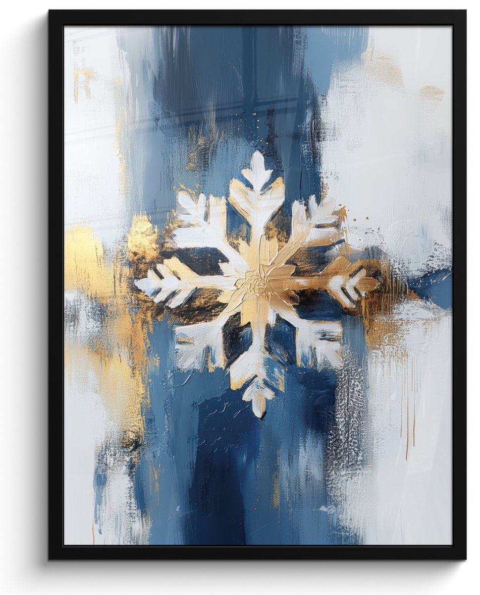 FrameYourWall Poster in lijst - Fotolijst 50x70 cm - Posters - Abstract - Winter - Sneeuwvlok - Sneeuw - Goud - Posterlijst zwart - Decoratie - Wanddecoratie woonkamer - Muurdecoratie slaapkamer