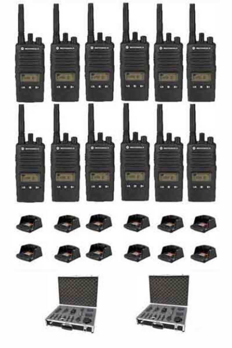 Set van 12 Motorola XT460 IP55 PMR446 Portofoon met tafellader en koffer