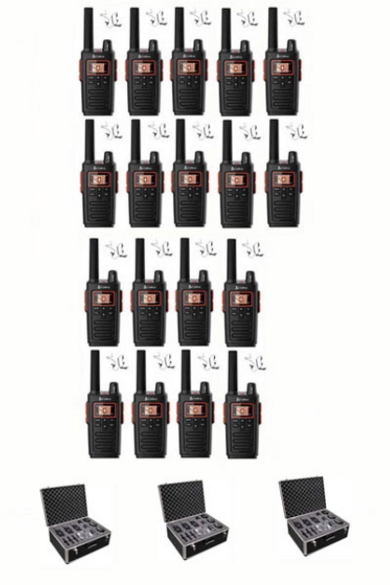 Set van 18 Cobra RX380 PMR446 portofoons IPX2 met beveiliging oortje en koffer