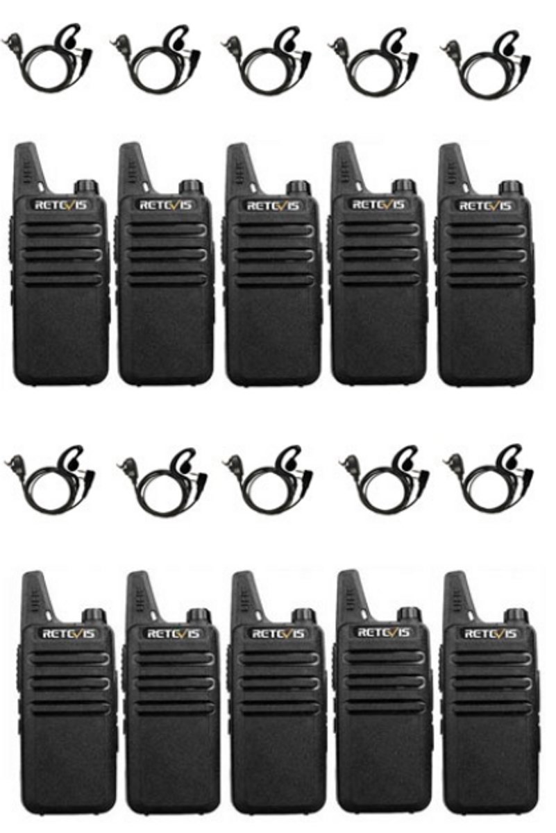 Set van 10 Retevis RT622 vergunning vrije UHF mini portofoons met G-shape oortje