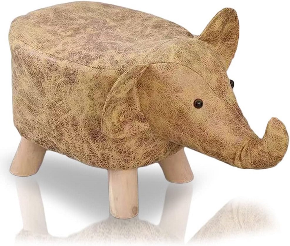 Olifant Voetenbankje Gestoffeerd - Comfortabele Houten Kruk met PU-Leer Bekleding (Bruin)