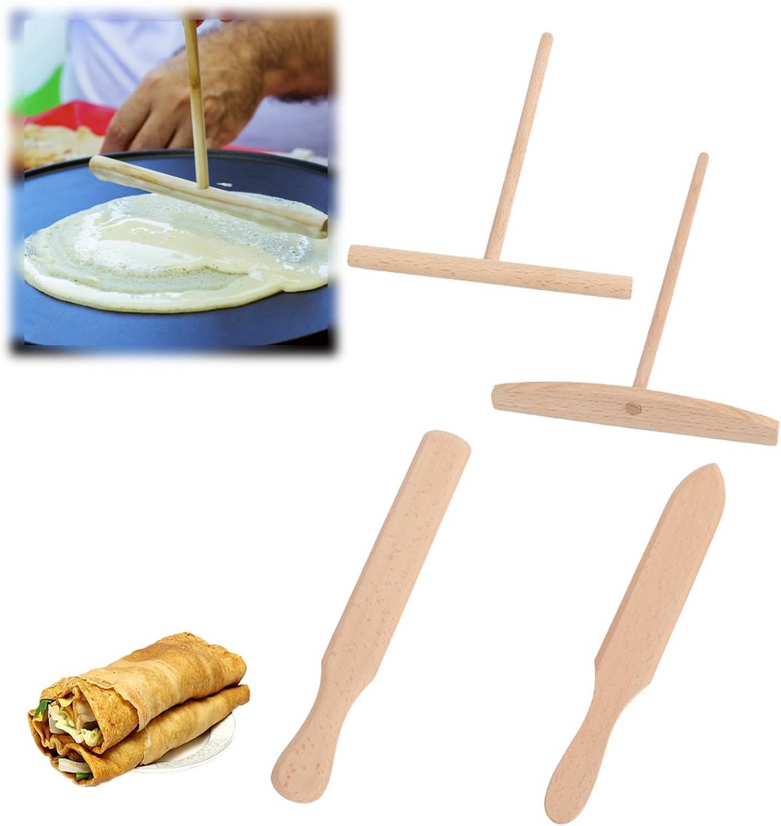 Pannenkoekenset Beukenhout - Crêpes Spatels - Pannenkoeken Bakken - 4-delige Set - 12 x 165 cm - Natuurlijk Hout