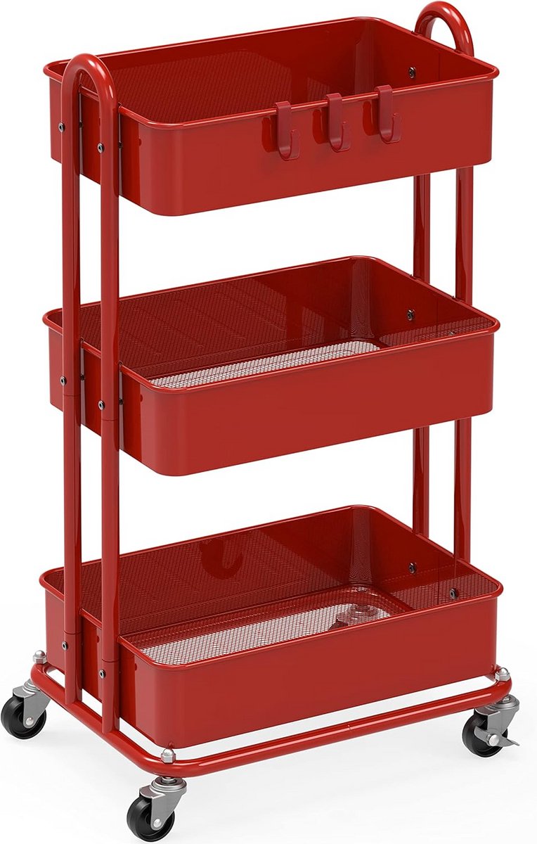 Metalen trolley met 3 opbergniveaus - rood