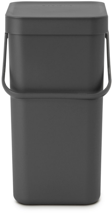 Poubelle Brabantia gris foncé avec couvercle et anse.
