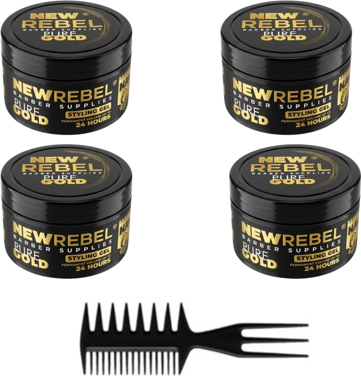 New Rebel Hair Gel Pure Gold – Ultra Sterke Haar Gel – Wet Look – Langdurige Hold – 4 x 450 ml + Stylingkam