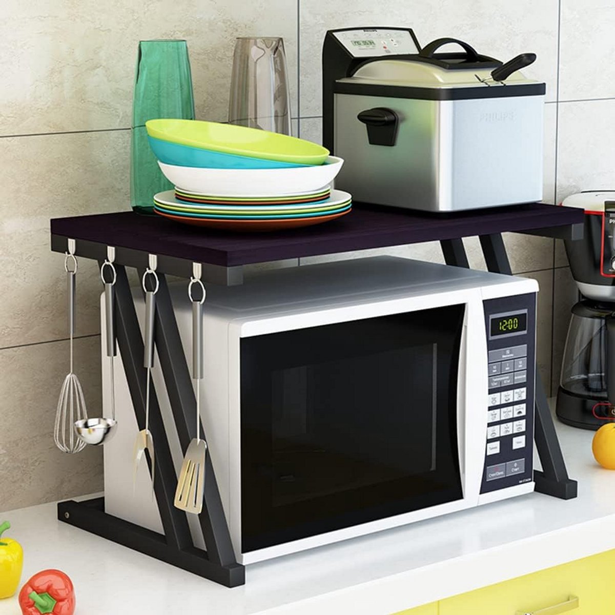 Keukenrek - Opbergrek - Keuken organiseren - Dubbellaags met haken - 57 x 38 x 38 cm - Zwart