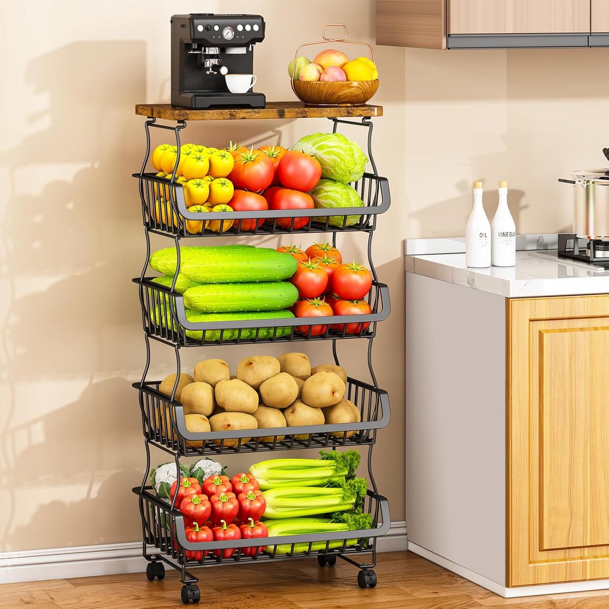 Keuken Organizer - Opslagmand - Keuken Fruit - Stapelbaar Ontwerp - 40x32x18cm - Metaal